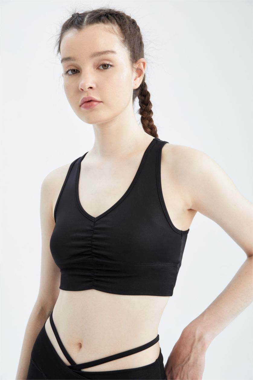 WOMAN Black Defacto Fit Strap V-Neck Front Drawstring Crop Top