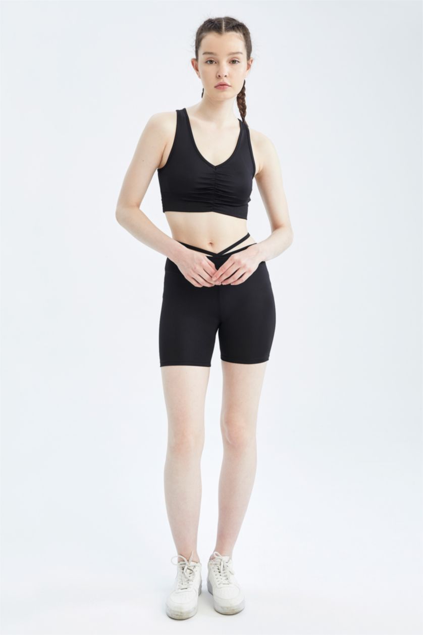 WOMAN Black Defacto Fit Strap V-Neck Front Drawstring Crop Top