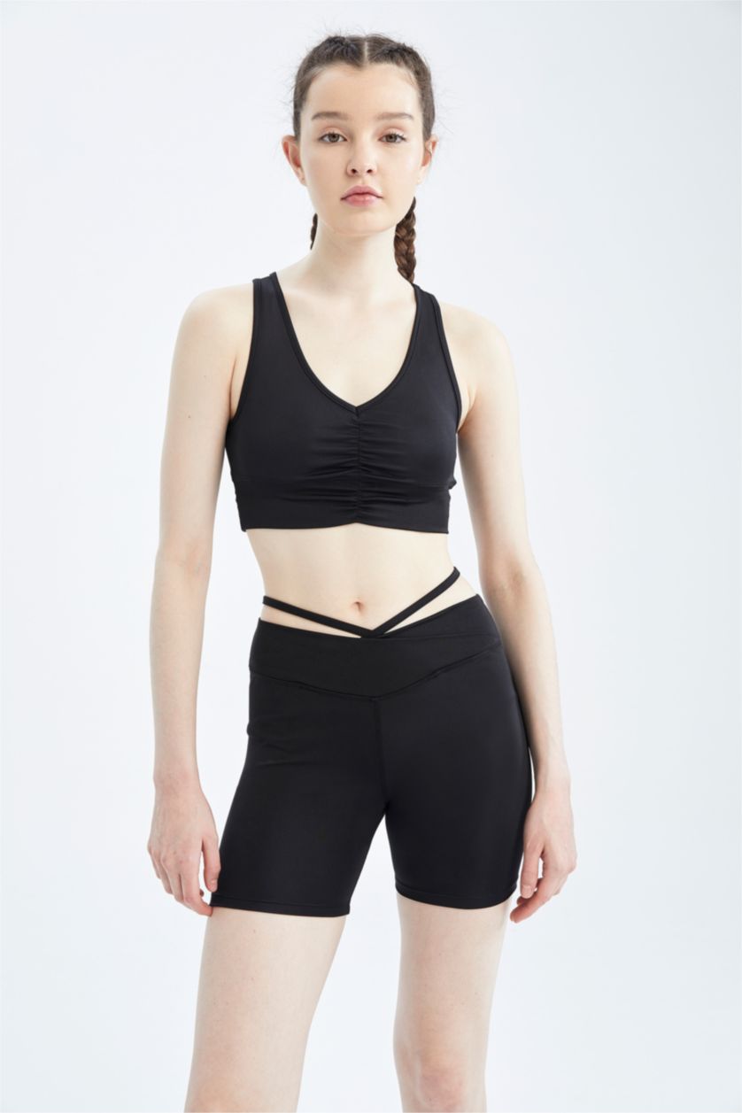 WOMAN Black Defacto Fit Strap V-Neck Front Drawstring Crop Top