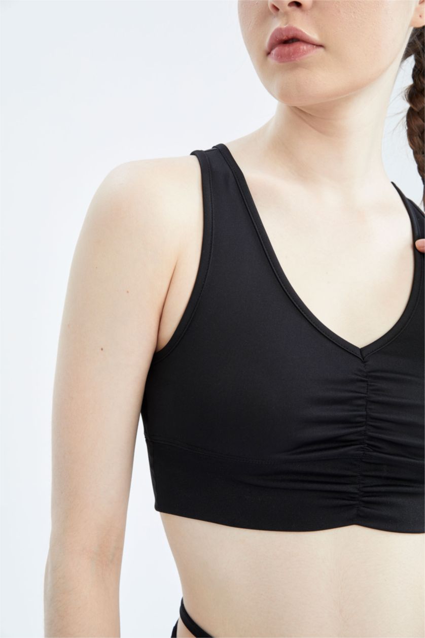 WOMAN Black Defacto Fit Strap V-Neck Front Drawstring Crop Top