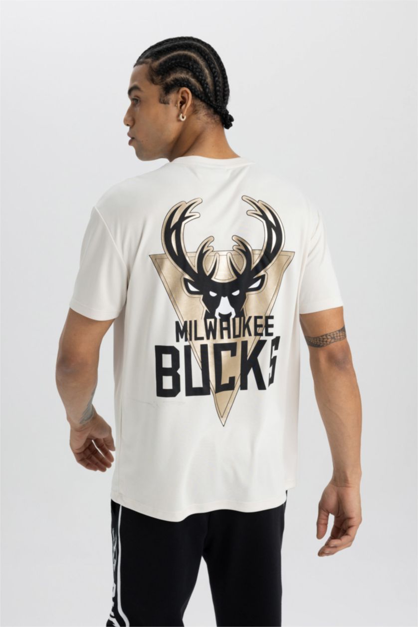 HOMME Beige T-shirt NBA Milwaukee Bucks en tissu épais à col rond et manches courtes de DeFactoFit
