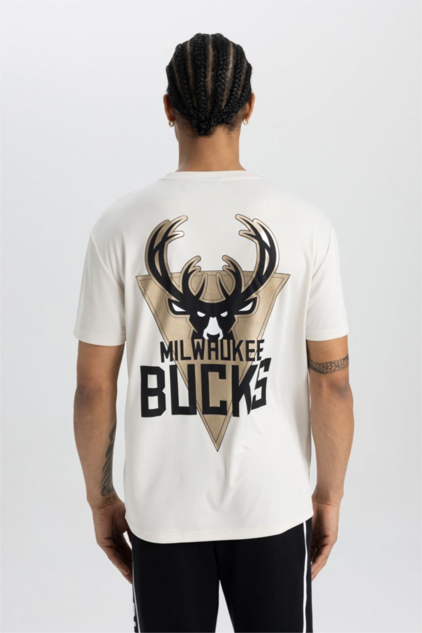 HOMME Beige T-shirt NBA Milwaukee Bucks en tissu épais à col rond et manches courtes de DeFactoFit