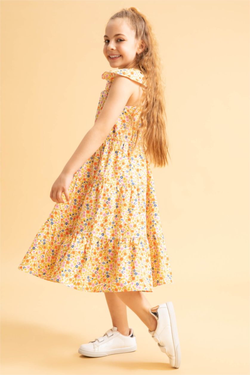 FILLES Écru Robe Midi Fille À Encolure Carrée À İmprimé Fleuri