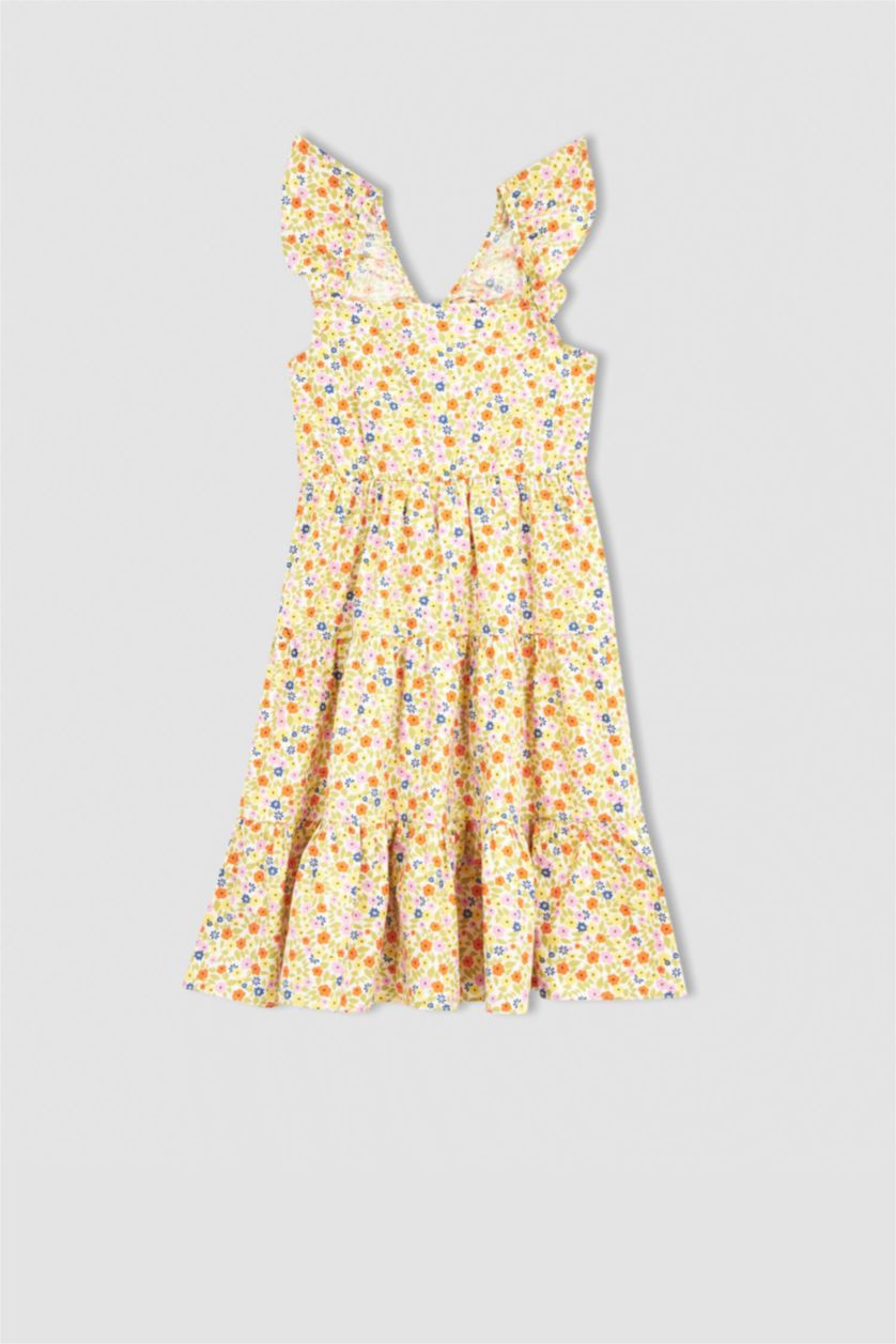 FILLES Écru Robe Midi Fille À Encolure Carrée À İmprimé Fleuri