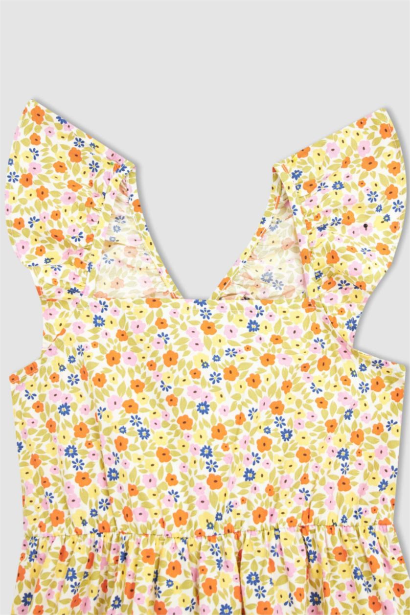 FILLES Écru Robe Midi Fille À Encolure Carrée À İmprimé Fleuri