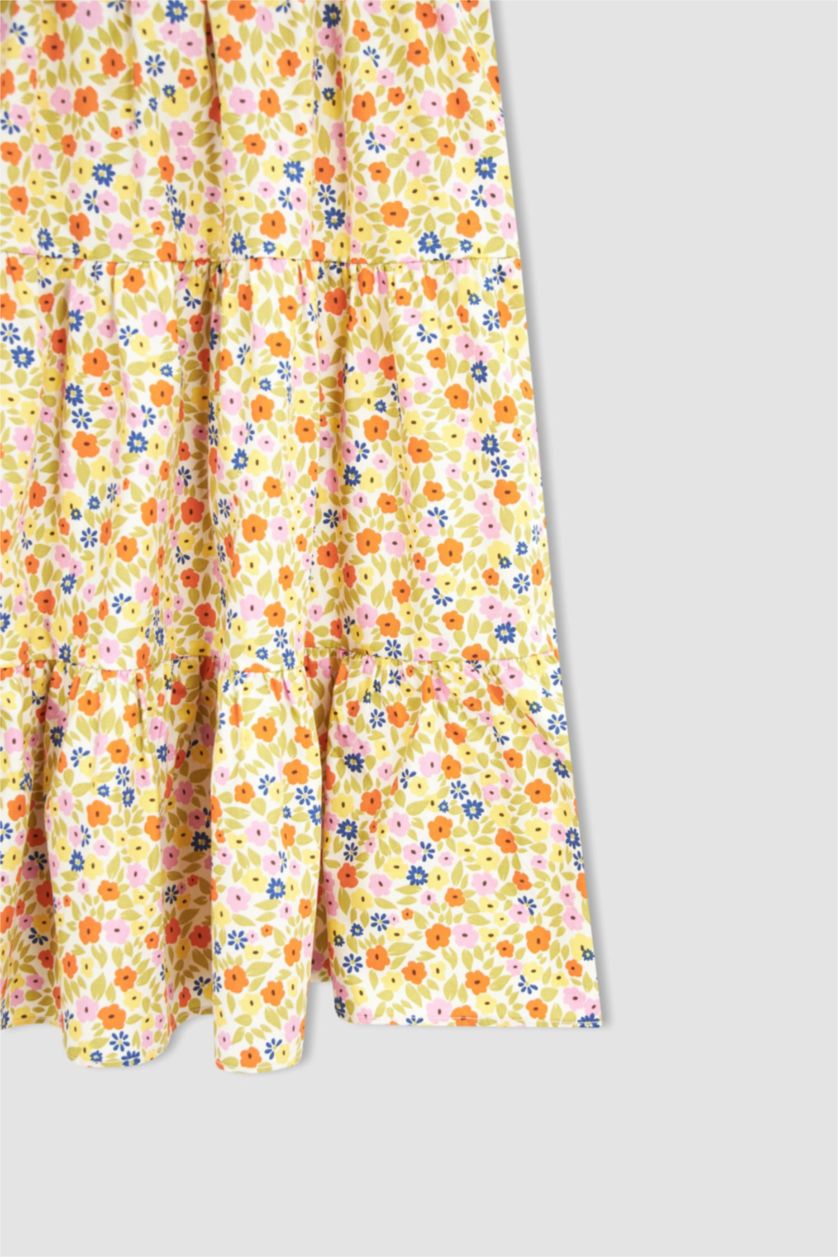 FILLES Écru Robe Midi Fille À Encolure Carrée À İmprimé Fleuri