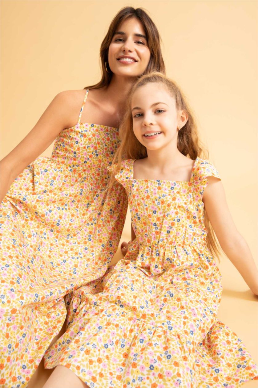 FILLES Écru Robe Midi Fille À Encolure Carrée À İmprimé Fleuri