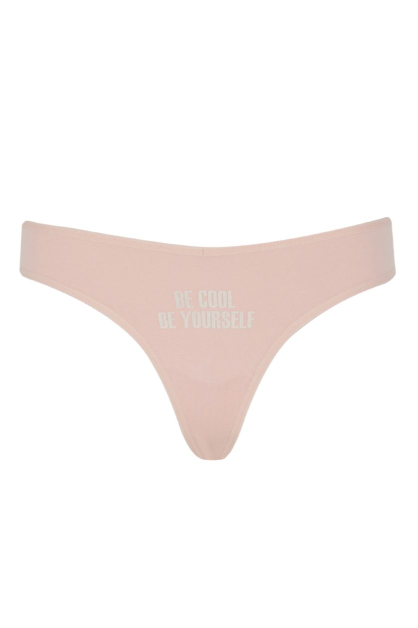 Kadın Ekru Fall in Love Slogan Baskılı V Kesim String Külot