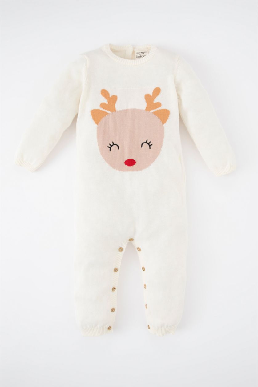 BABY GIRL Light Stone Baby Girl Christmas Themed Crew Neck Knitwear Jumpsuit