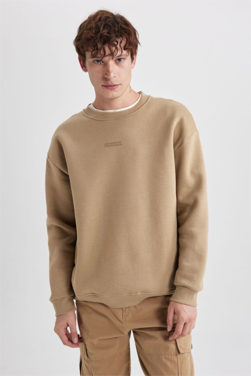 HOMME Beige Sweat- Shirt Longue Coupe Boxy Col Rond À Manches