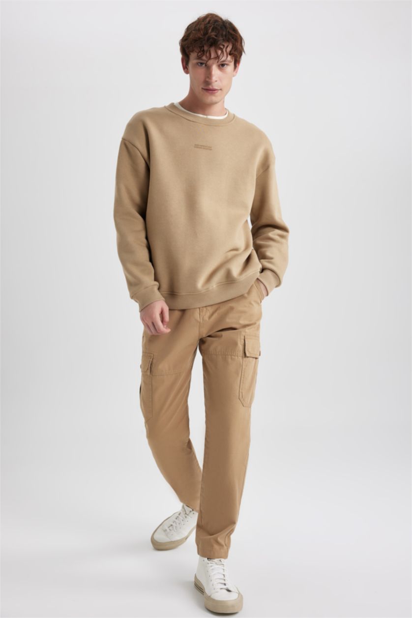 HOMME Beige Sweat- Shirt Longue Coupe Boxy Col Rond À Manches