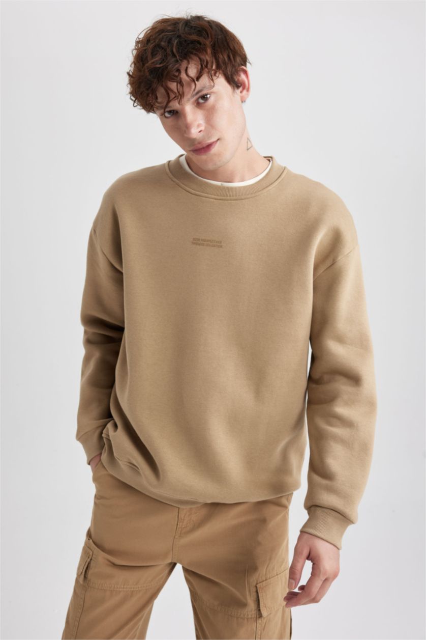 HOMME Beige Sweat- Shirt Longue Coupe Boxy Col Rond À Manches