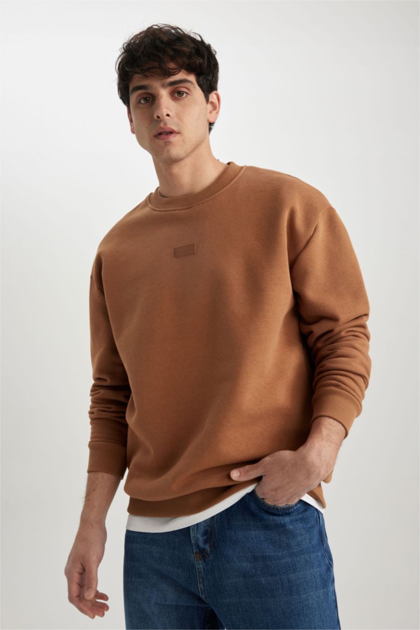 رجال كامل سويت شيرت بوكسي فيت كم طويل بياقة مستديرة بريش ناعم من الداخل