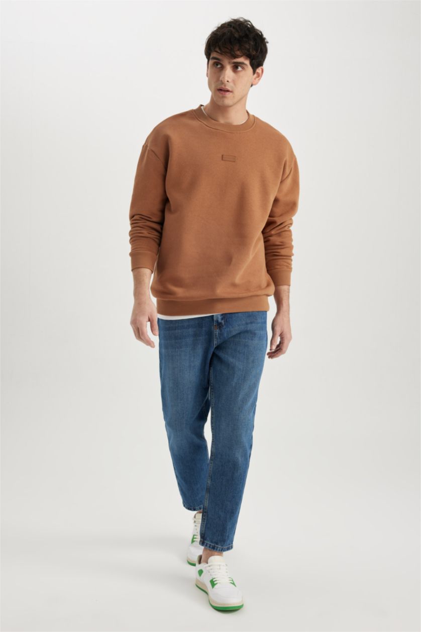 رجال كامل سويت شيرت بوكسي فيت كم طويل بياقة مستديرة بريش ناعم من الداخل