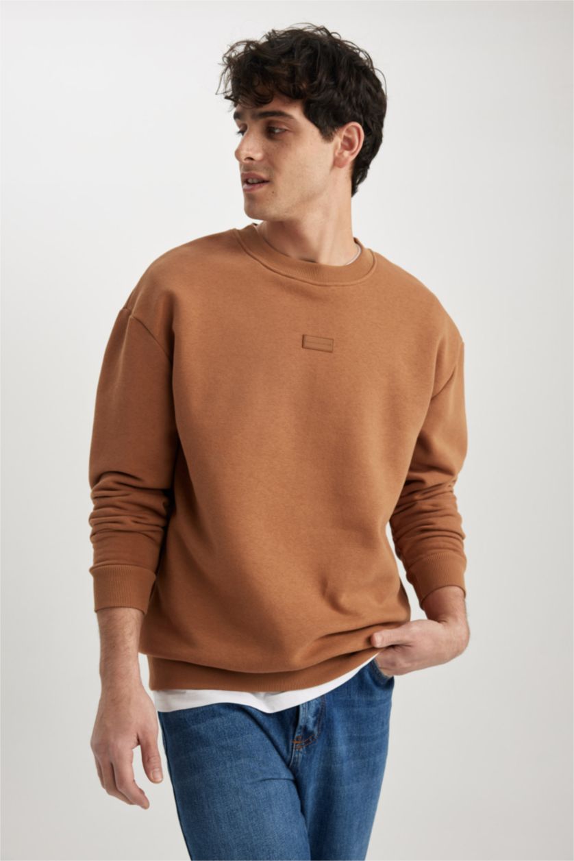 رجال كامل سويت شيرت بوكسي فيت كم طويل بياقة مستديرة بريش ناعم من الداخل