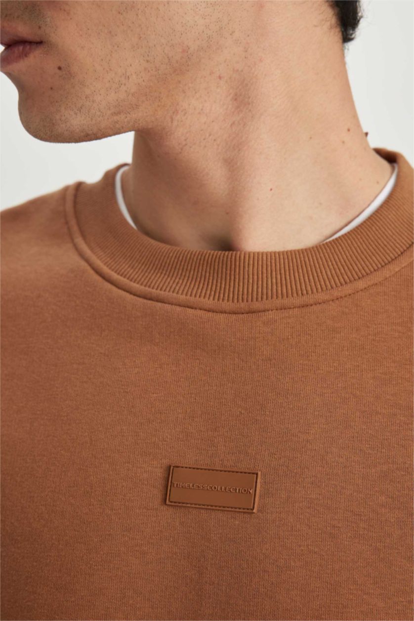 رجال كامل سويت شيرت بوكسي فيت كم طويل بياقة مستديرة بريش ناعم من الداخل