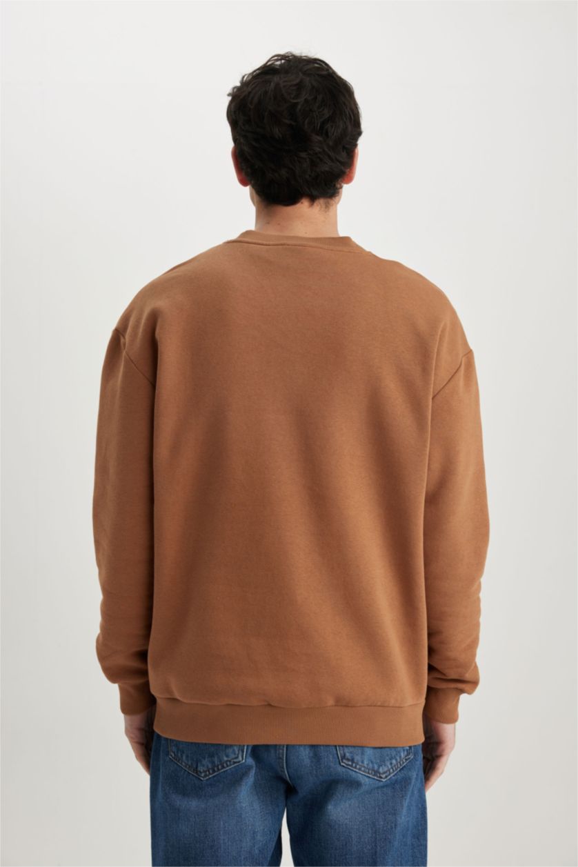 رجال كامل سويت شيرت بوكسي فيت كم طويل بياقة مستديرة بريش ناعم من الداخل