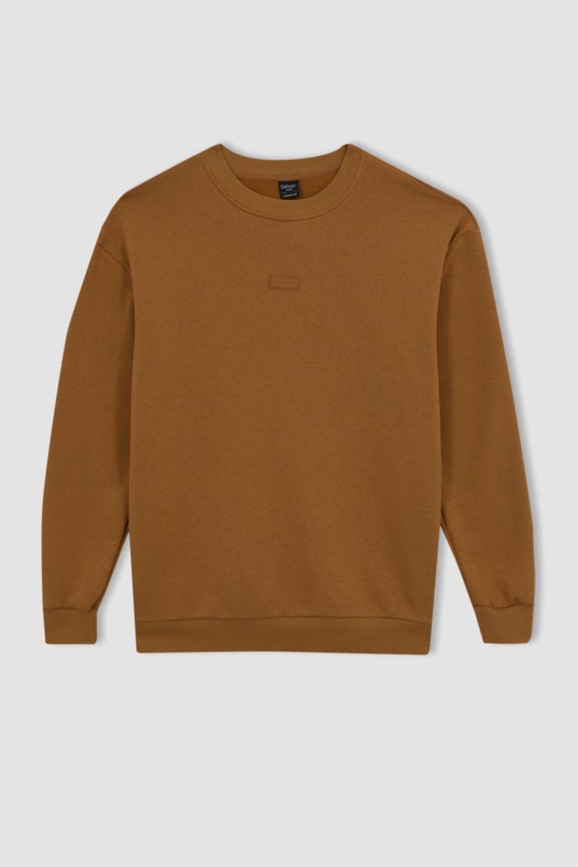 رجال كامل سويت شيرت بوكسي فيت كم طويل بياقة مستديرة بريش ناعم من الداخل