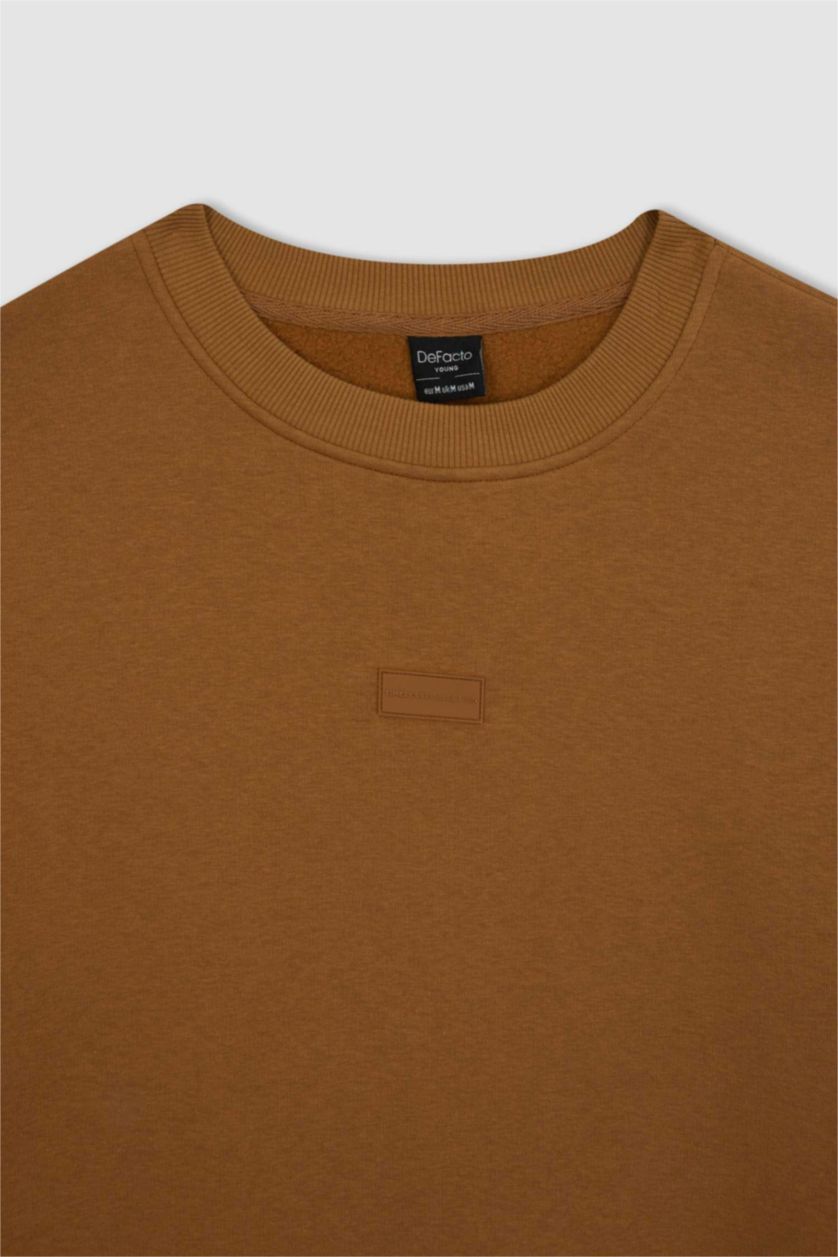 رجال كامل سويت شيرت بوكسي فيت كم طويل بياقة مستديرة بريش ناعم من الداخل