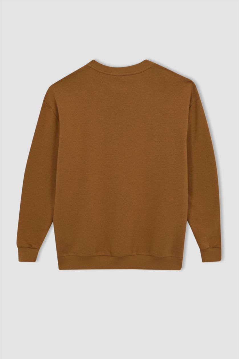 رجال كامل سويت شيرت بوكسي فيت كم طويل بياقة مستديرة بريش ناعم من الداخل