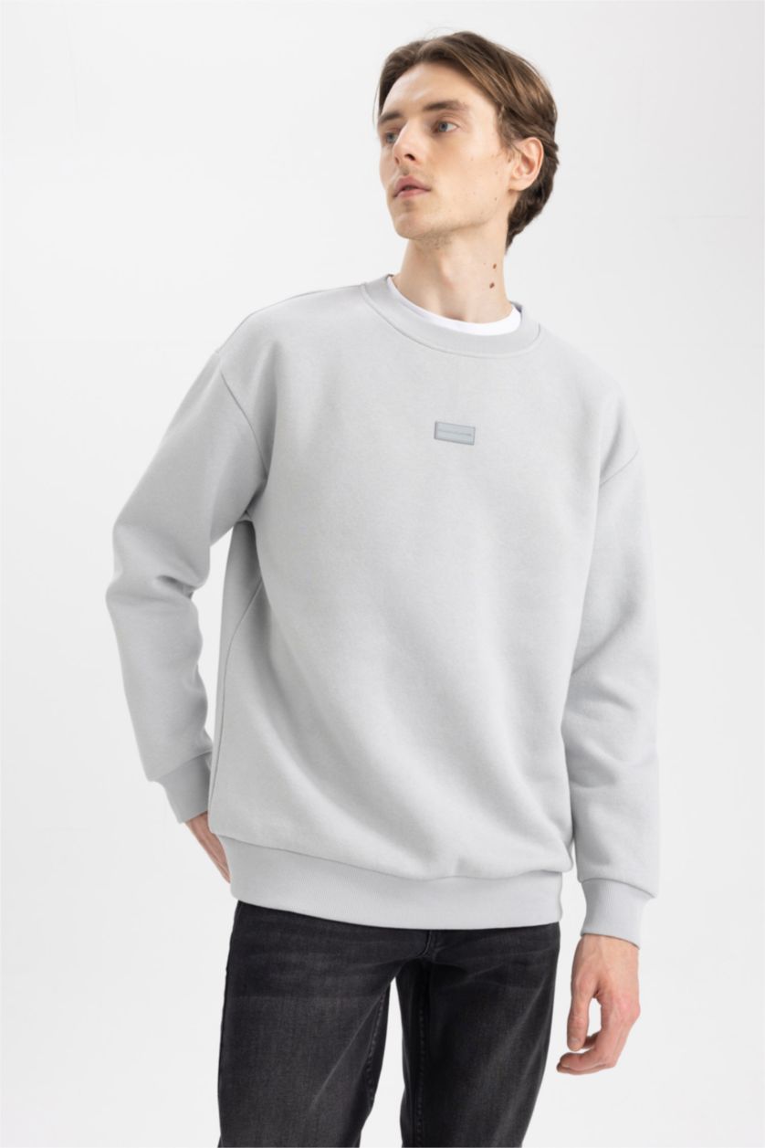 HOMME Gris Clair Sweat- Shirt Coupe boxy Col rond Manche Longue