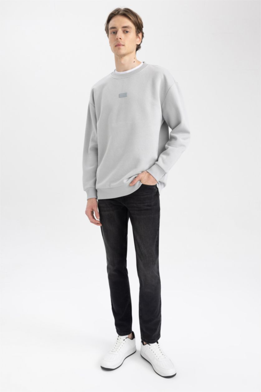 HOMME Gris Clair Sweat- Shirt Coupe boxy Col rond Manche Longue