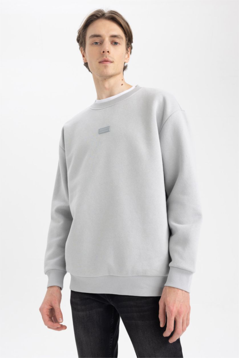 HOMME Gris Clair Sweat- Shirt Coupe boxy Col rond Manche Longue