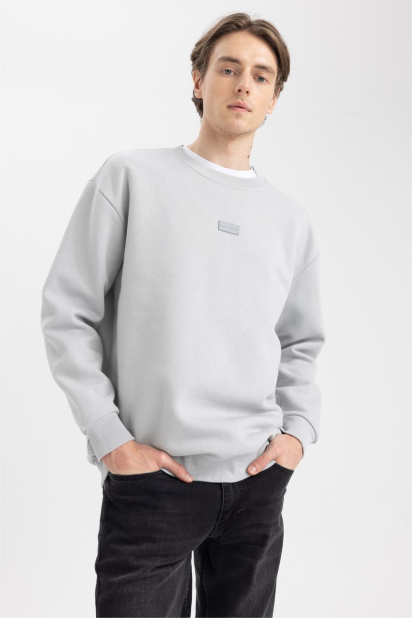 HOMME Gris Clair Sweat- Shirt Coupe boxy Col rond Manche Longue