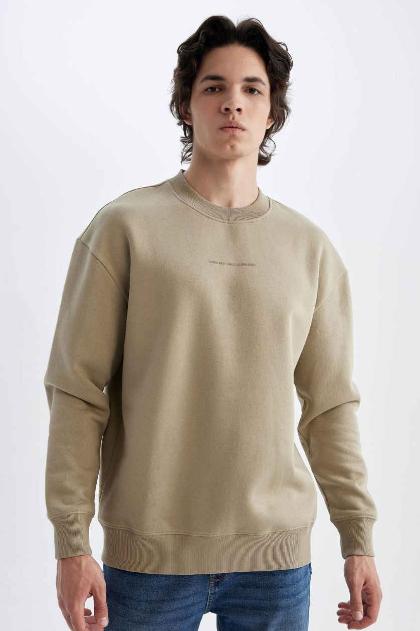 Erkek Koyu Kum Boxy Fit Bisiklet Yaka Baskılı Sweatshirt