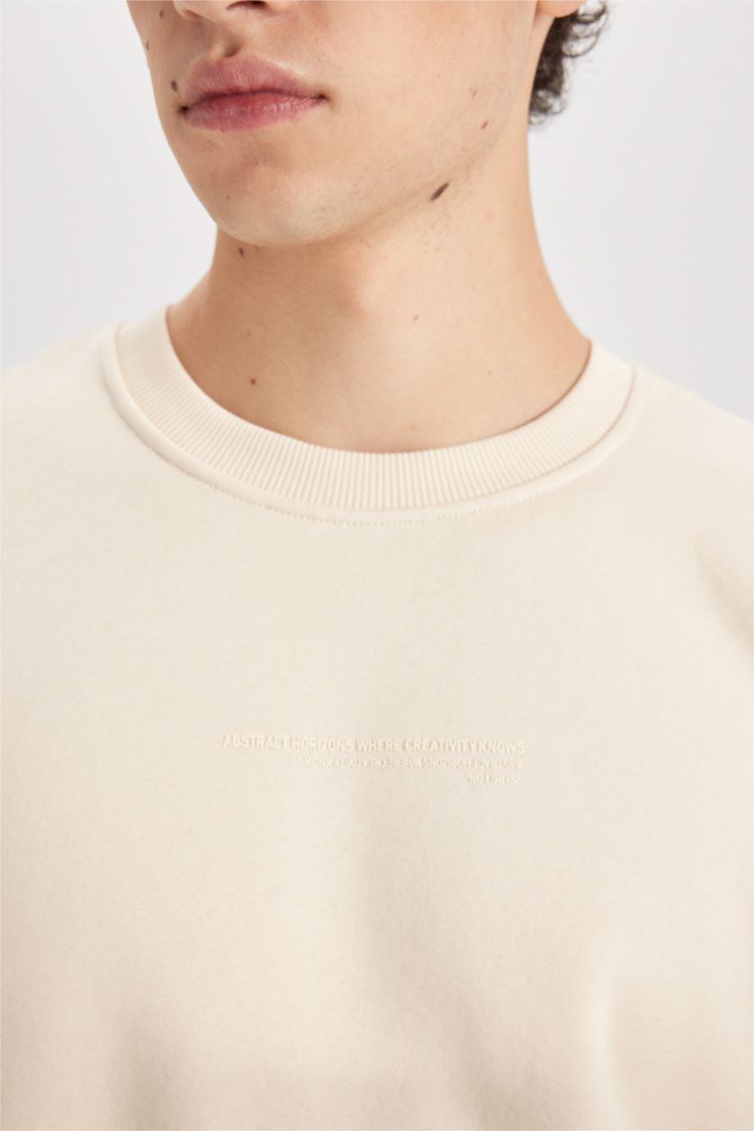 Erkek Kum Boxy Fit Bisiklet Yaka Baskılı Sweatshirt