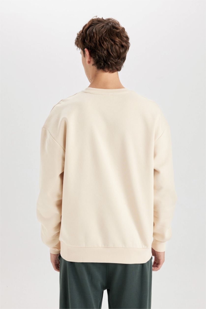 Erkek Kum Boxy Fit Bisiklet Yaka Baskılı Sweatshirt