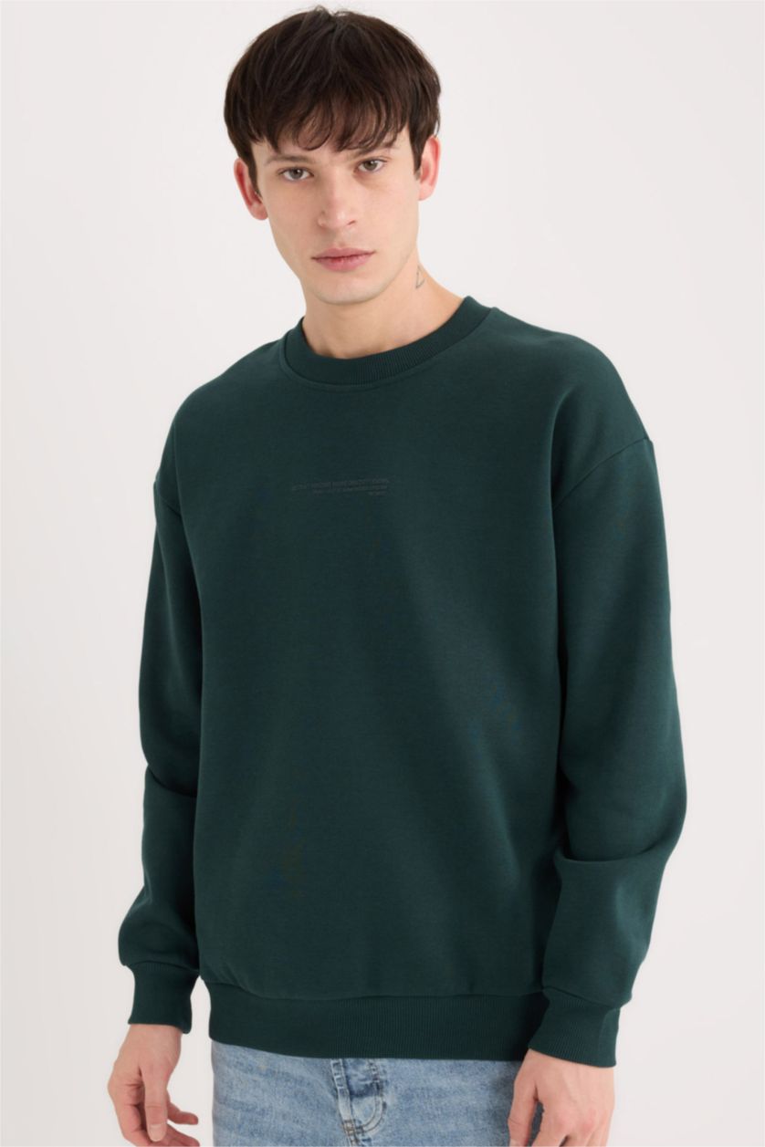 Erkek Yeşil Boxy Fit Bisiklet Yaka Baskılı Sweatshirt