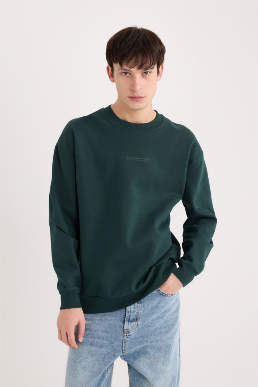 Erkek Yeşil Boxy Fit Bisiklet Yaka Baskılı Sweatshirt