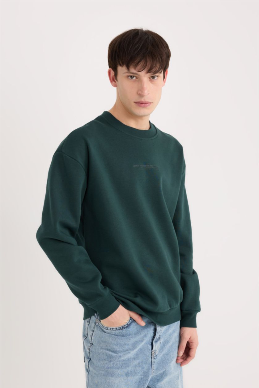Erkek Yeşil Boxy Fit Bisiklet Yaka Baskılı Sweatshirt