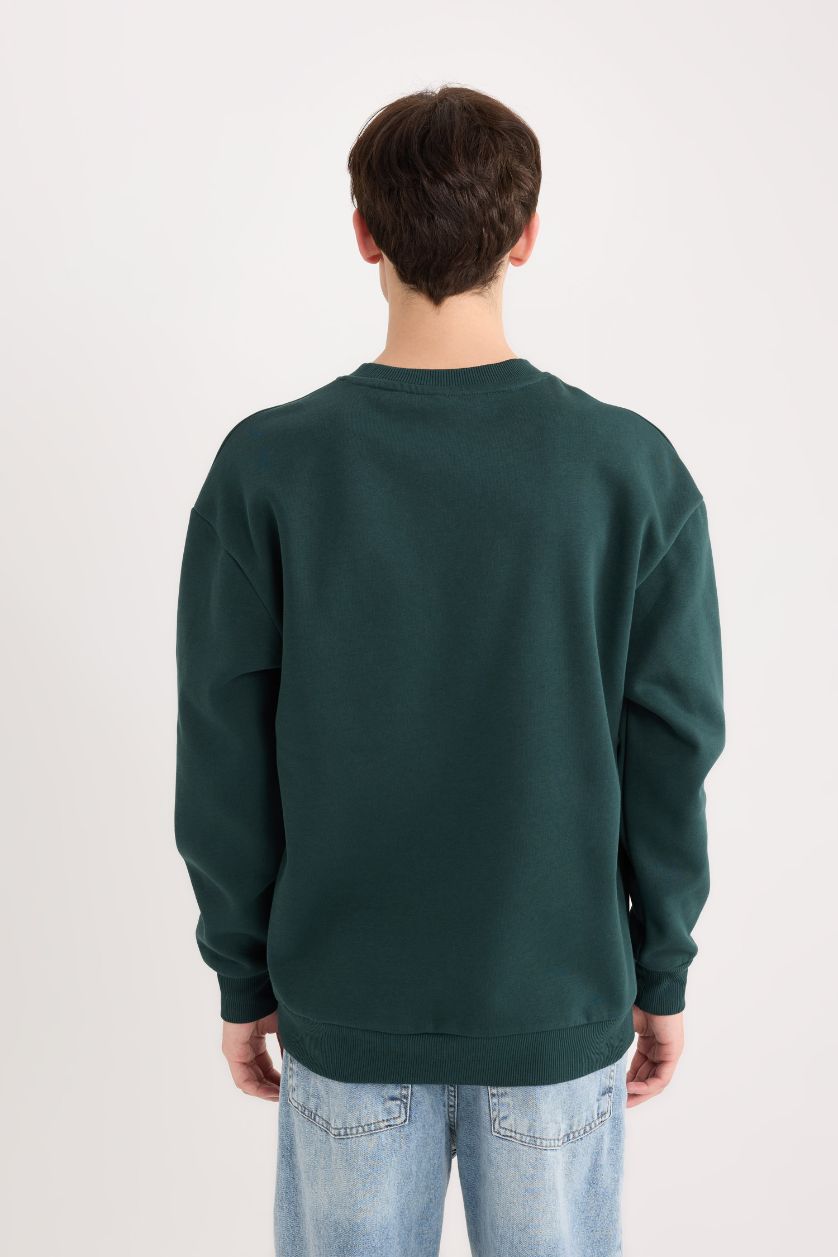 Erkek Yeşil Boxy Fit Bisiklet Yaka Baskılı Sweatshirt
