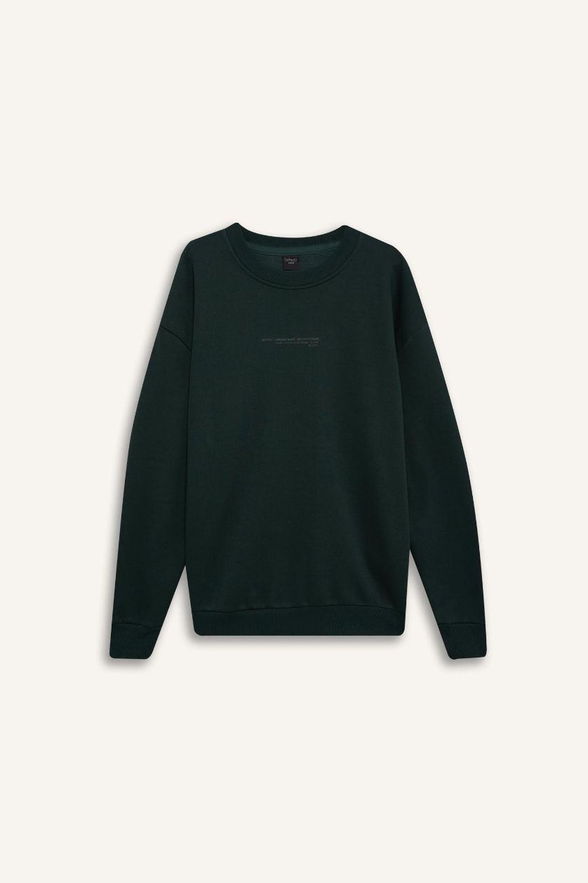 Erkek Yeşil Boxy Fit Bisiklet Yaka Baskılı Sweatshirt