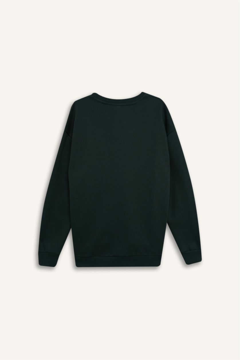 Erkek Yeşil Boxy Fit Bisiklet Yaka Baskılı Sweatshirt