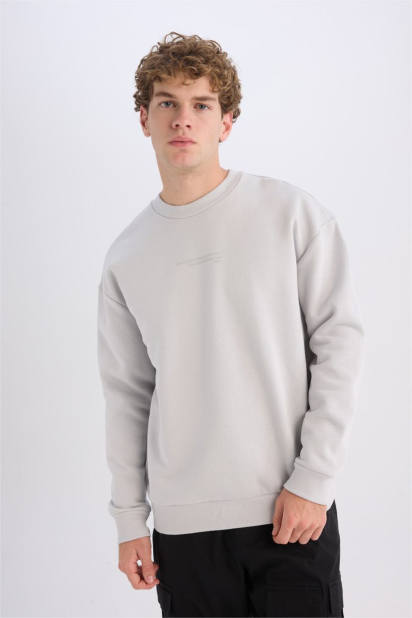 Erkek Açık Gri Boxy Fit Bisiklet Yaka Baskılı Sweatshirt