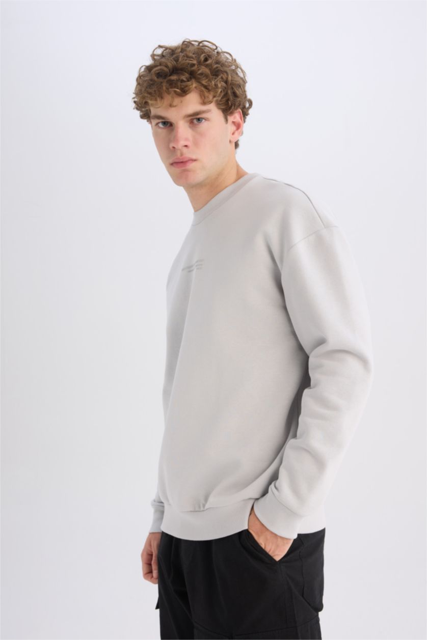 Erkek Açık Gri Boxy Fit Bisiklet Yaka Baskılı Sweatshirt