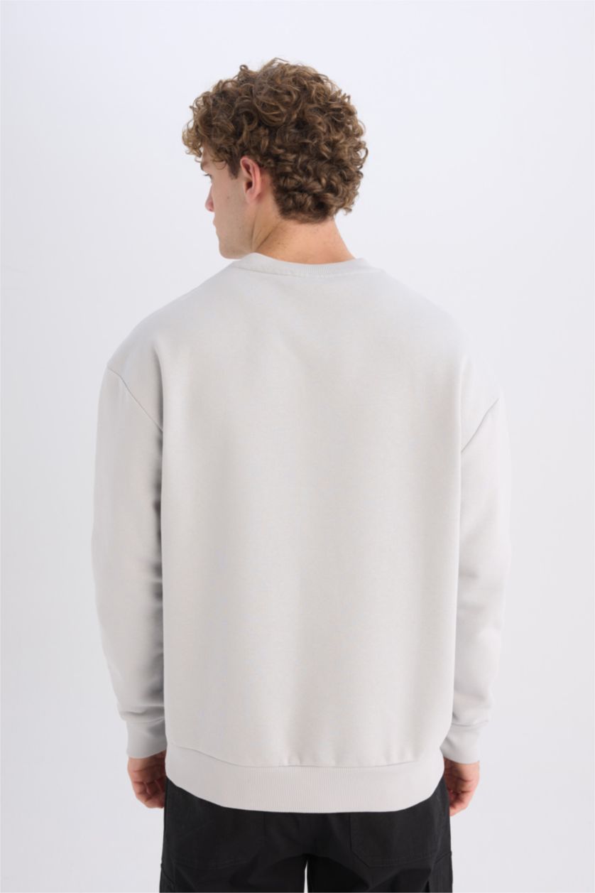Erkek Açık Gri Boxy Fit Bisiklet Yaka Baskılı Sweatshirt