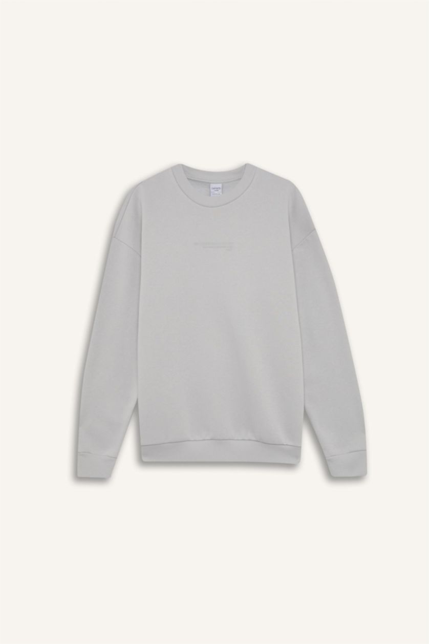 Erkek Açık Gri Boxy Fit Bisiklet Yaka Baskılı Sweatshirt