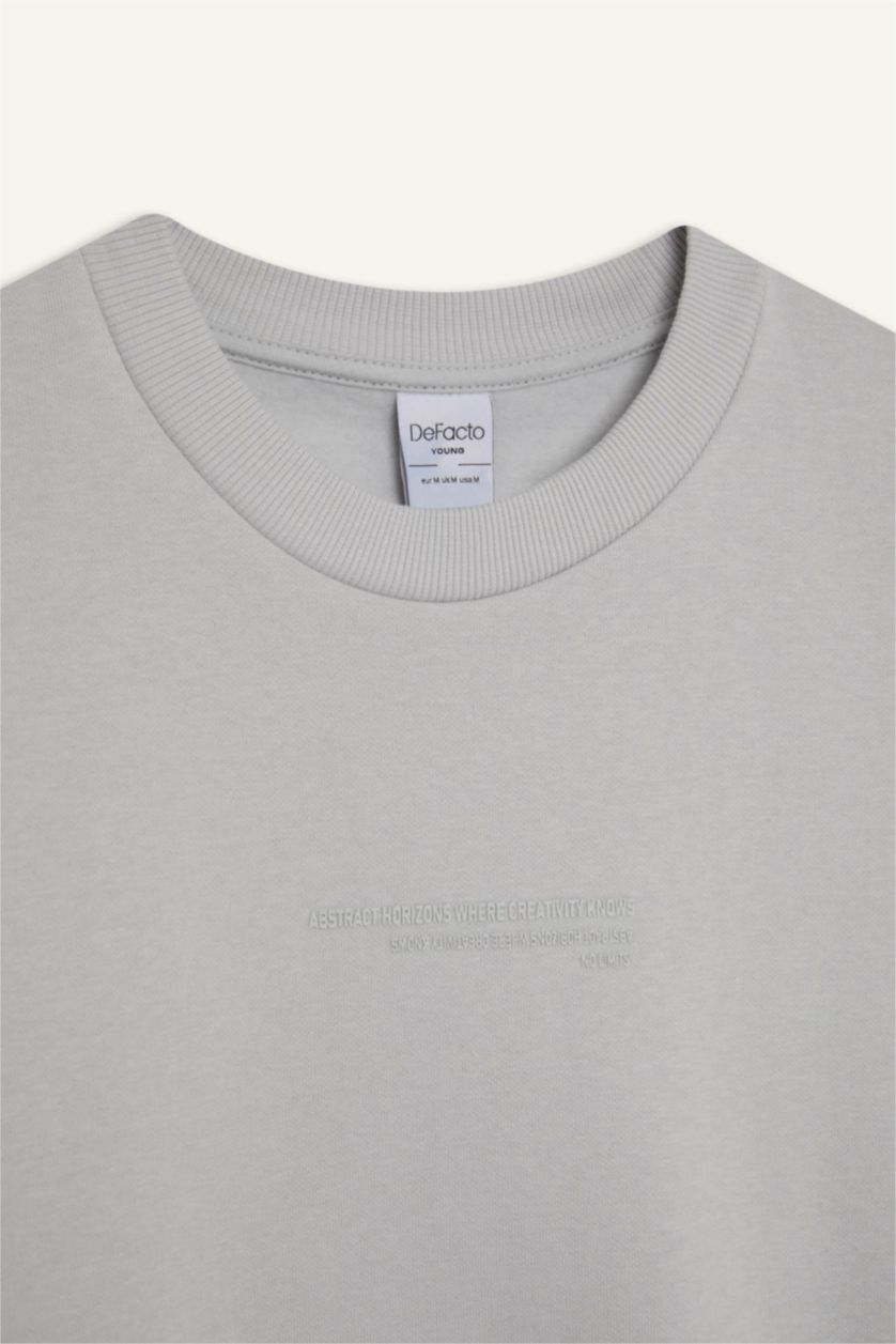 Erkek Açık Gri Boxy Fit Bisiklet Yaka Baskılı Sweatshirt