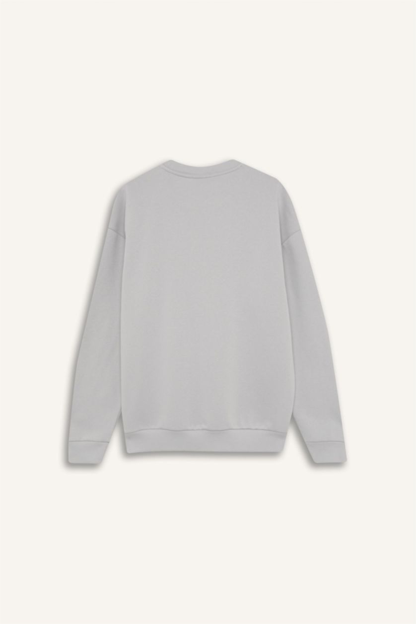 Erkek Açık Gri Boxy Fit Bisiklet Yaka Baskılı Sweatshirt