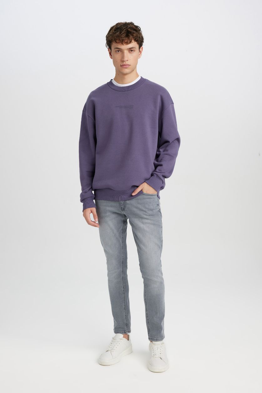 Erkek Mor Boxy Fit Bisiklet Yaka Baskılı Sweatshirt