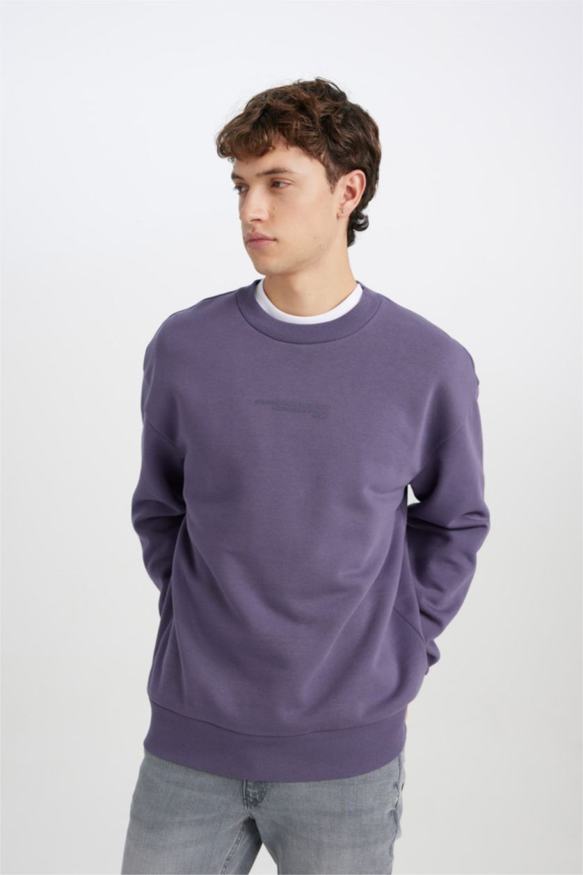 Erkek Mor Boxy Fit Bisiklet Yaka Baskılı Sweatshirt