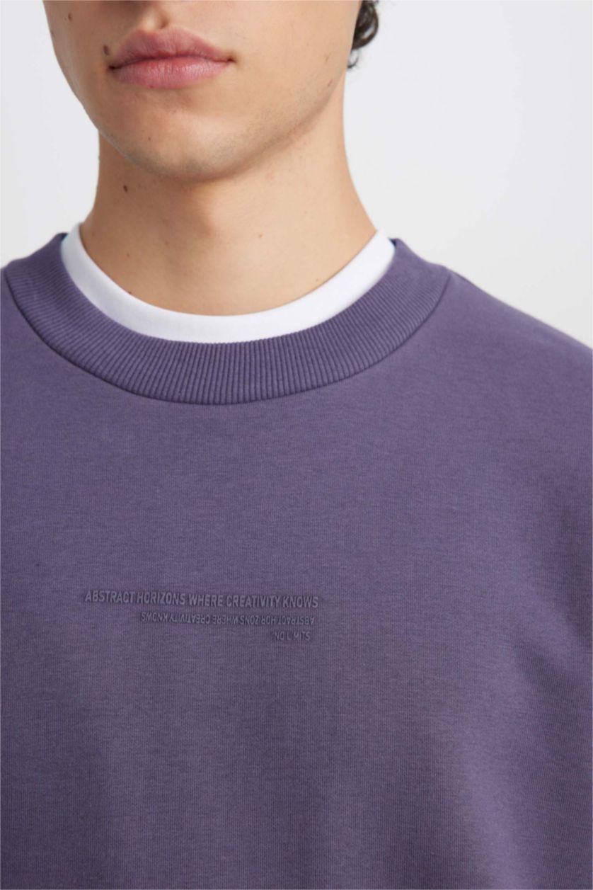 Erkek Mor Boxy Fit Bisiklet Yaka Baskılı Sweatshirt