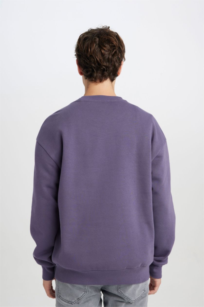 Erkek Mor Boxy Fit Bisiklet Yaka Baskılı Sweatshirt