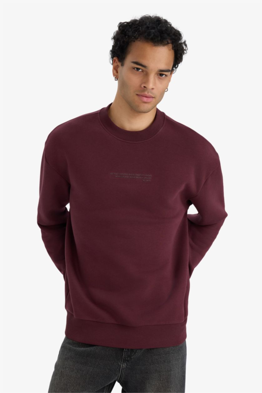 Man Dark Bordeaux Boxy Fit Printed Long Sleeve Sweatshirt