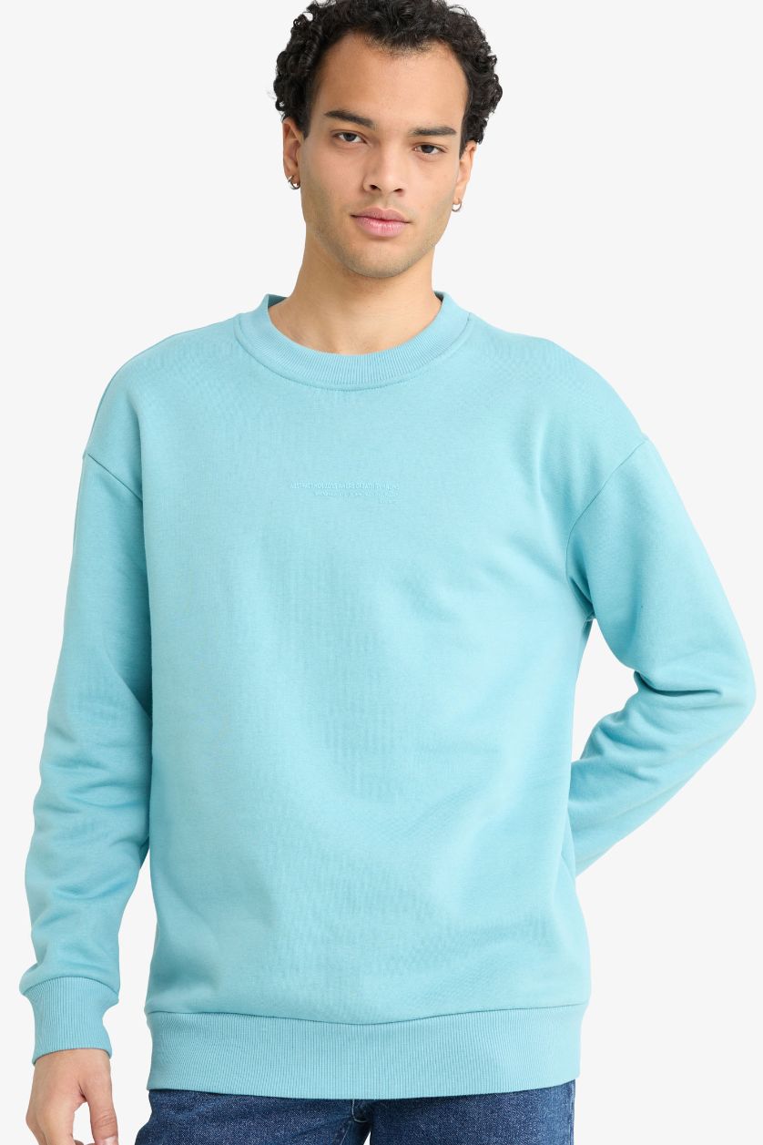Erkek Yeşil Boxy Fit Bisiklet Yaka İçi Yumuşak Tüylü Baskılı Sweatshirt