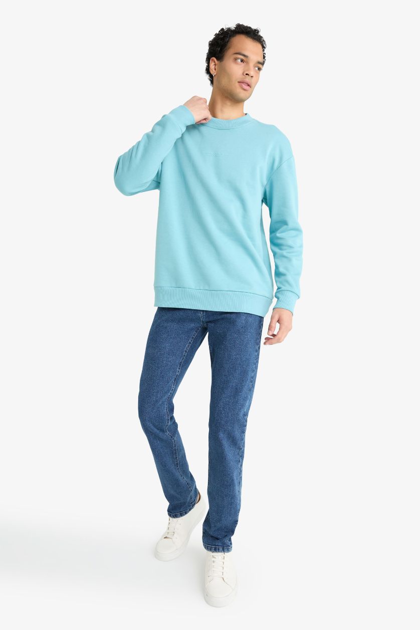 Erkek Yeşil Boxy Fit Bisiklet Yaka İçi Yumuşak Tüylü Baskılı Sweatshirt